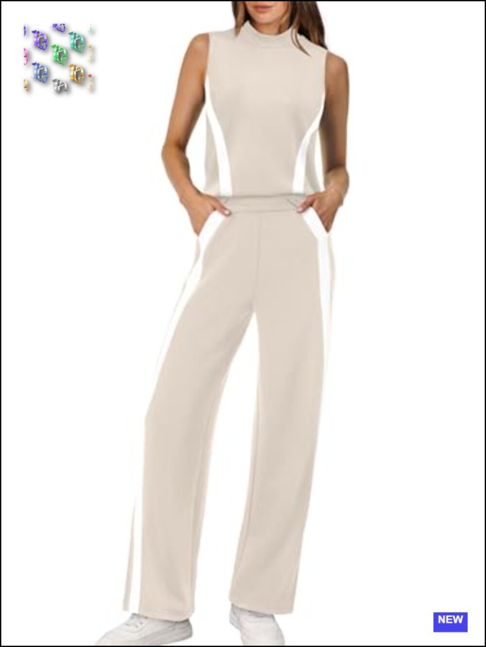 Two Piece Lounge Set Women Wide Leg Pants Mock Neck Sleeveless Summer Travel - Picture 1 of 6